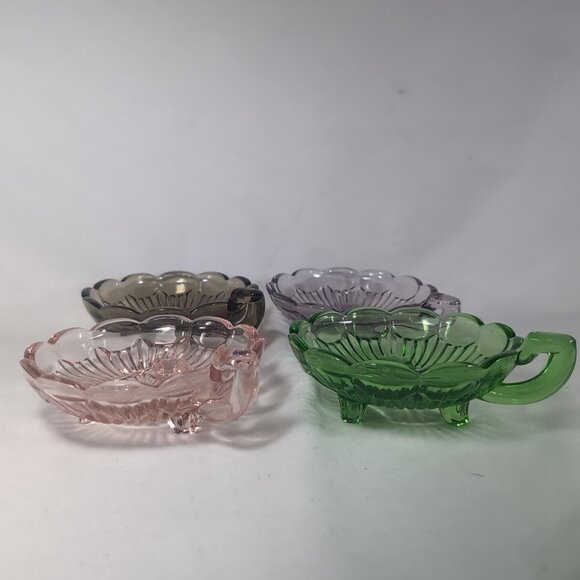 4 Set Depression Bowl Uranium Glass Pedestal Multicolor Black Green Pink Handle - Picture 6 of 15